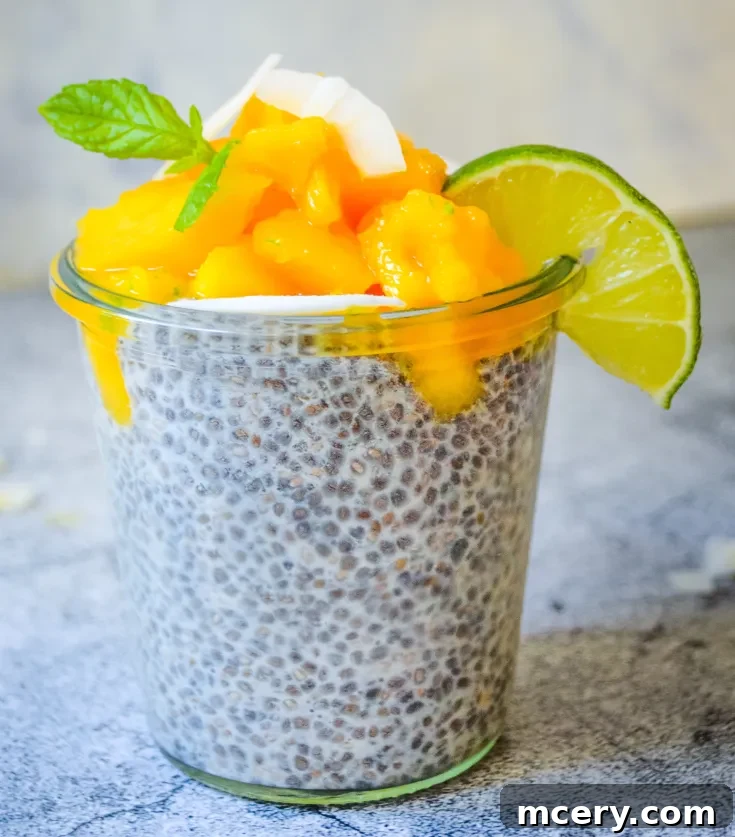 Sunshine Mango Lime Chia Pudding 7 A glass jar filled with Mango Lime Chia Pudding, topped with sliced mango, shredded coconut, and a fresh mint leaf. A lime slice is placed on the side. The background is a light gray surface.