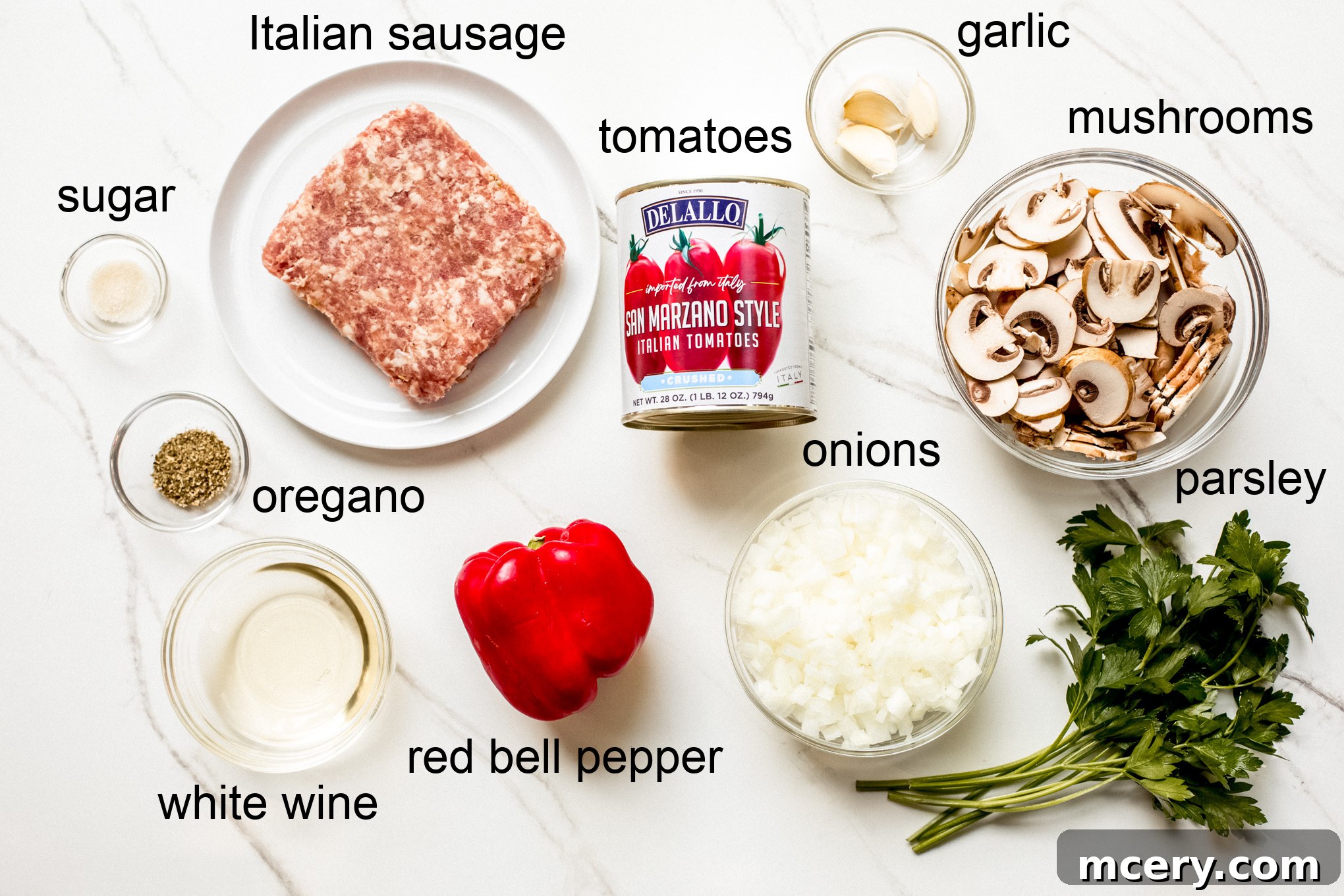 Hearty Italian Sausage and Pepper Skillet 3 ingredients for sausage cacciatore.