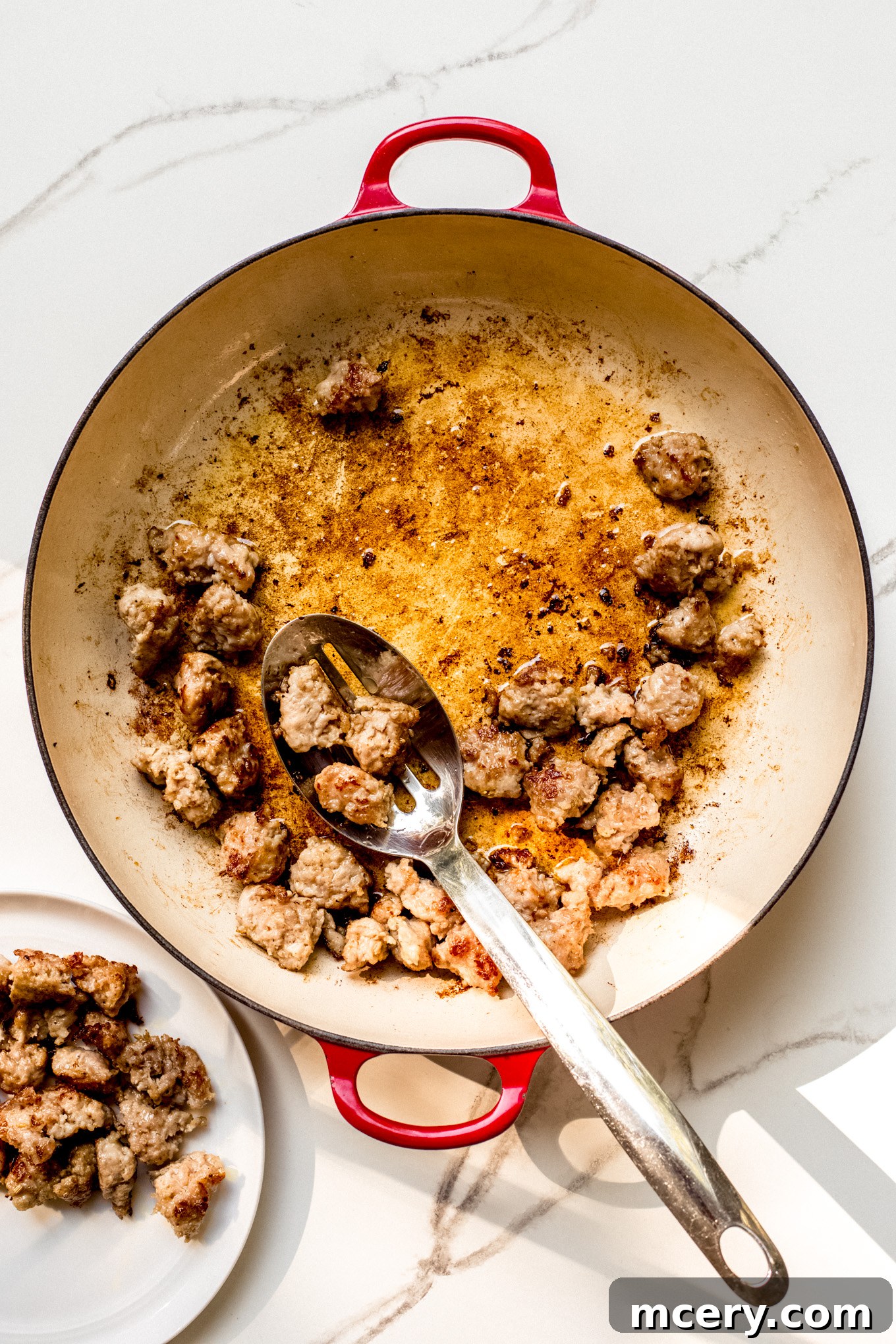 Hearty Italian Sausage and Pepper Skillet 4 cooked Italian sausage in a saute pan.