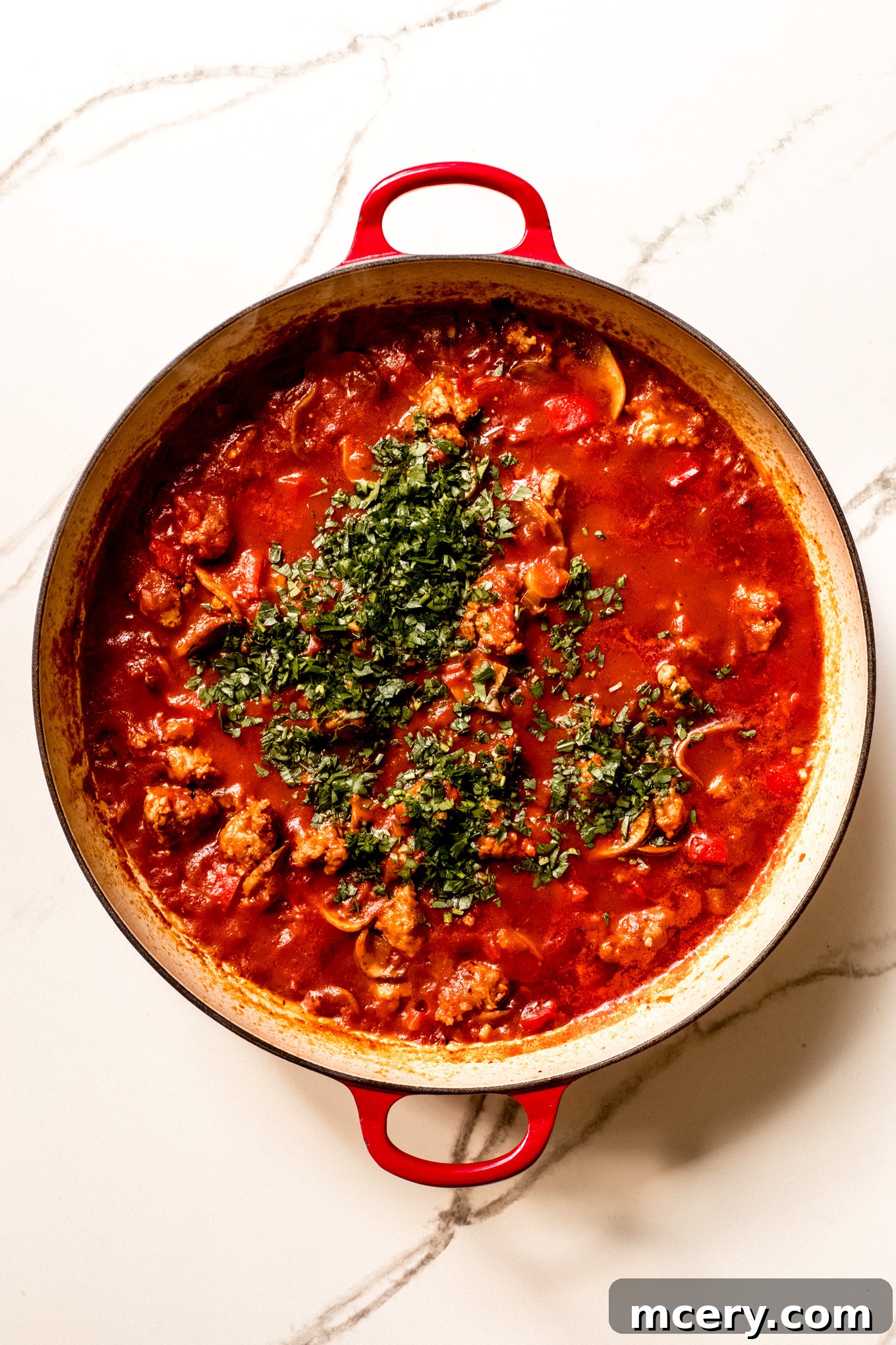 Hearty Italian Sausage and Pepper Skillet 9 cooked sausage cacciatore sauce with fresh parsley.