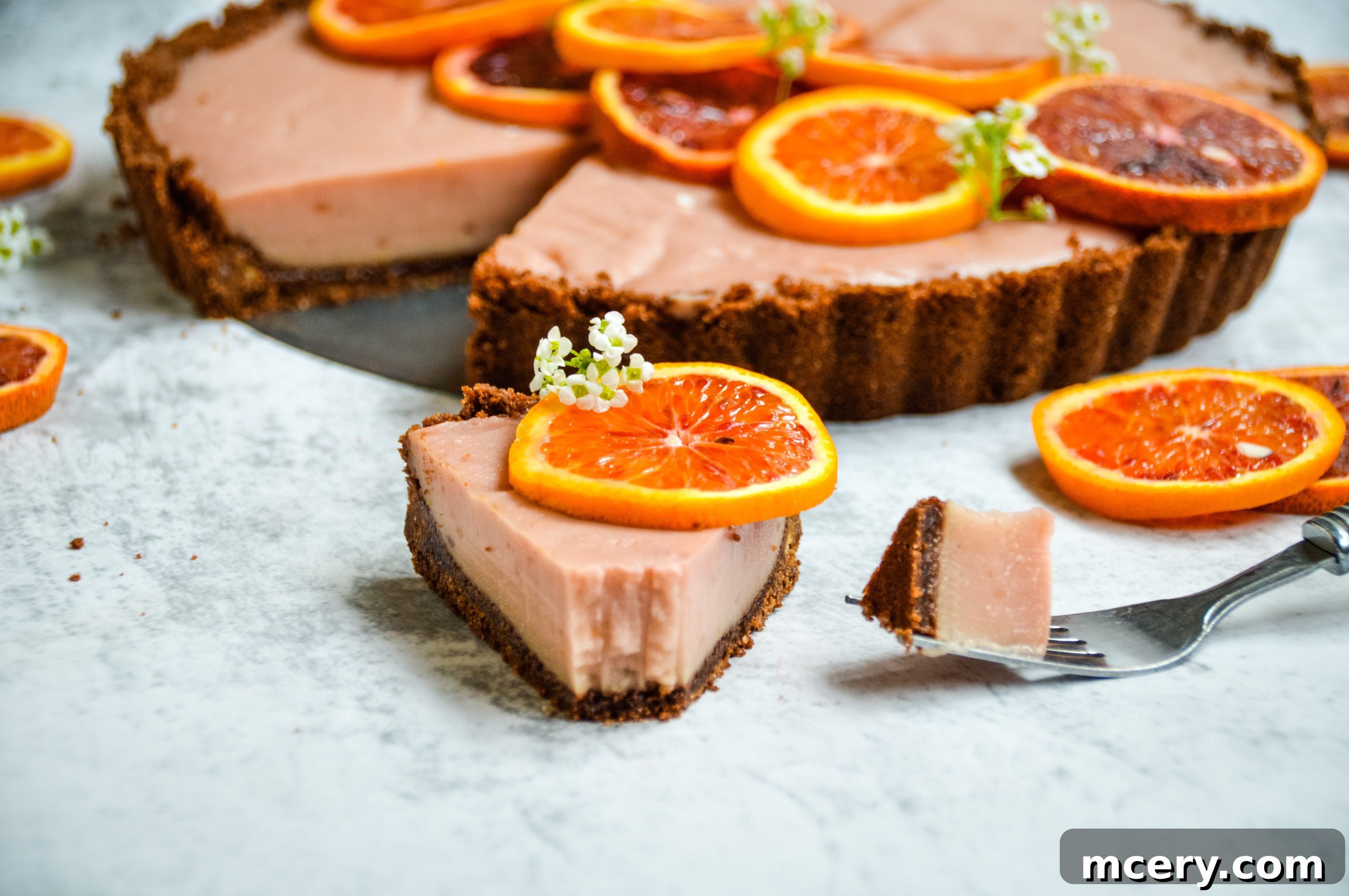 Zesty Blood Orange Tart 5 A delightful close-up of a single slice of blood orange tart, showing off its layered structure of crisp chocolate crust and smooth, vibrant filling.