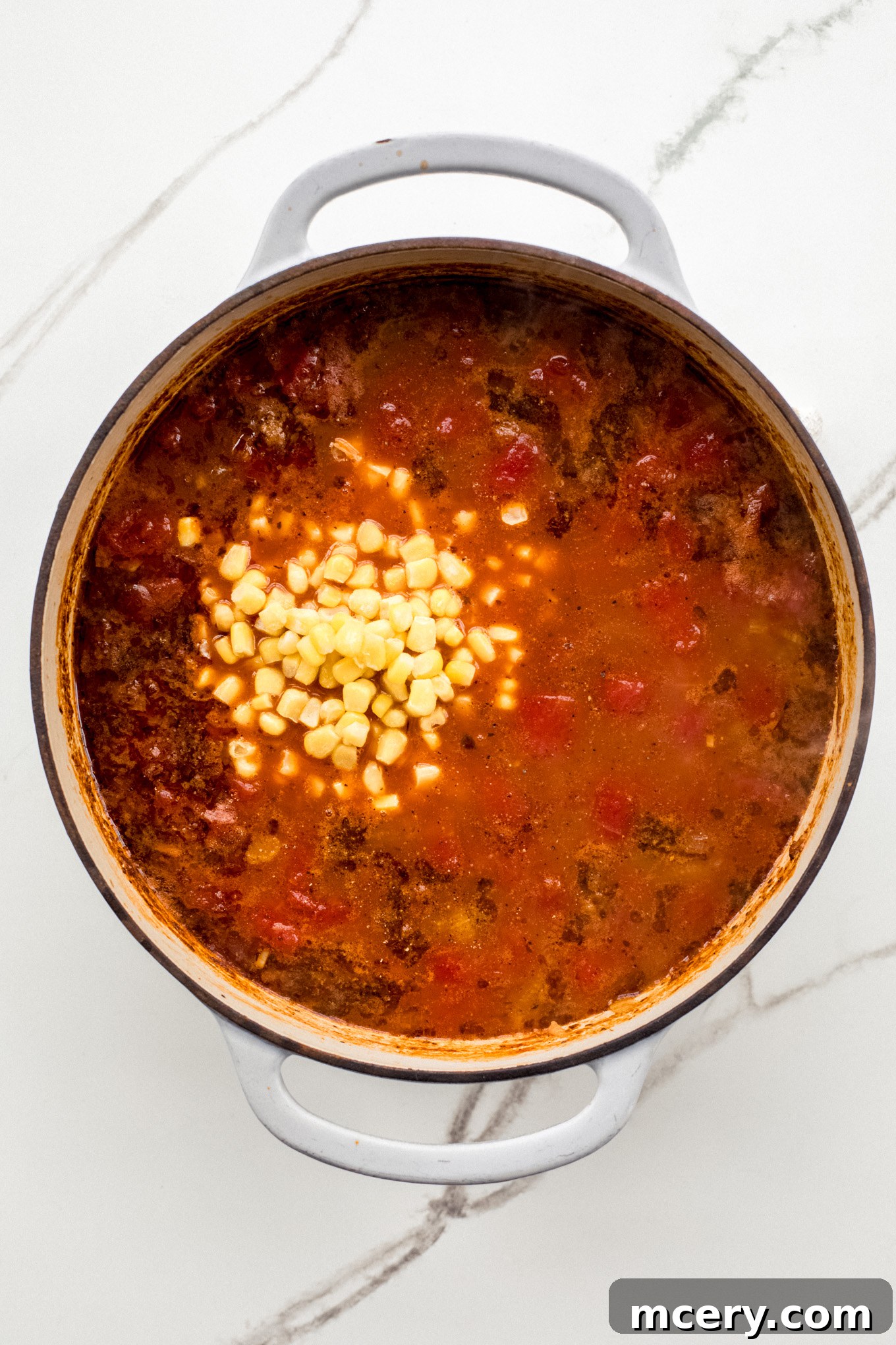 Hearty Garden Orzo Soup 6 corn in a tomato based soup.