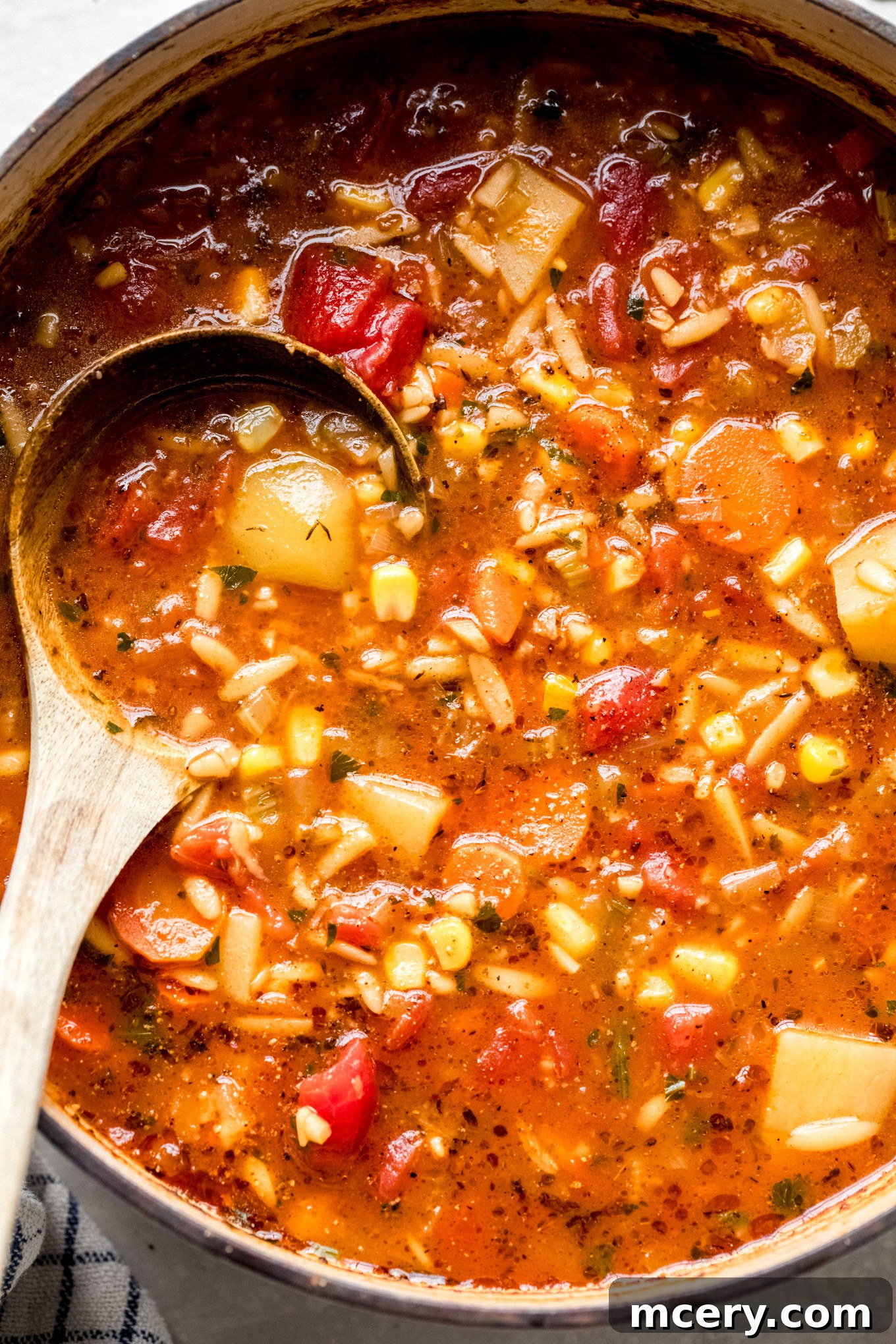 Hearty Garden Orzo Soup 8 vegetable orzo soup in a dutch oven.