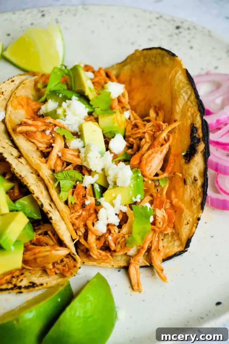 Irresistible Shredded Chicken Tacos 6 Two corn tortillas topped with shredded chicken, diced avocado, crumbled cheese, and fresh cilantro on a white plate. Lime wedges and pickled red onions are on the side.