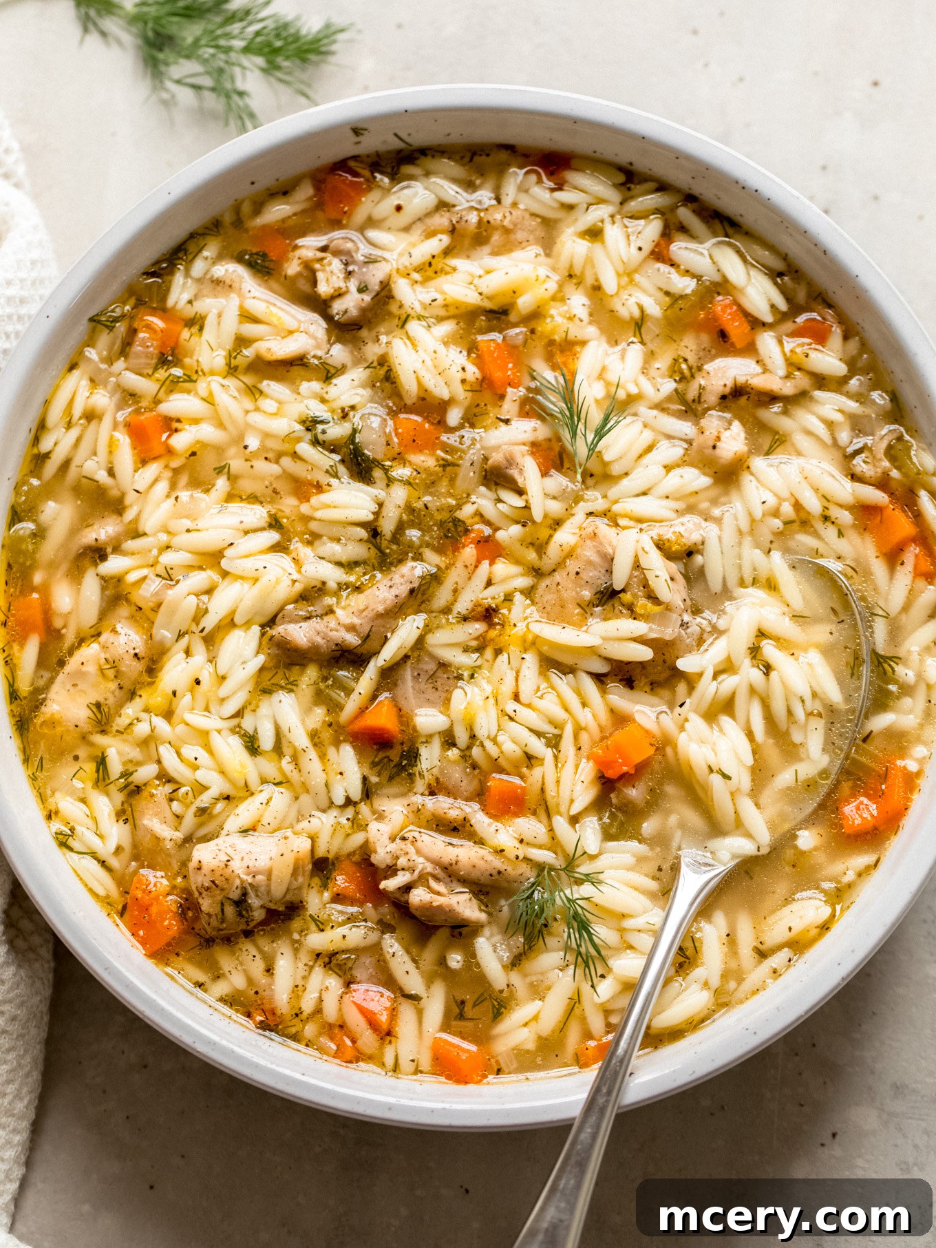 Hearty Chicken Orzo Soup 2 chicken orzo soup in a white bowl garnished with fresh dill.