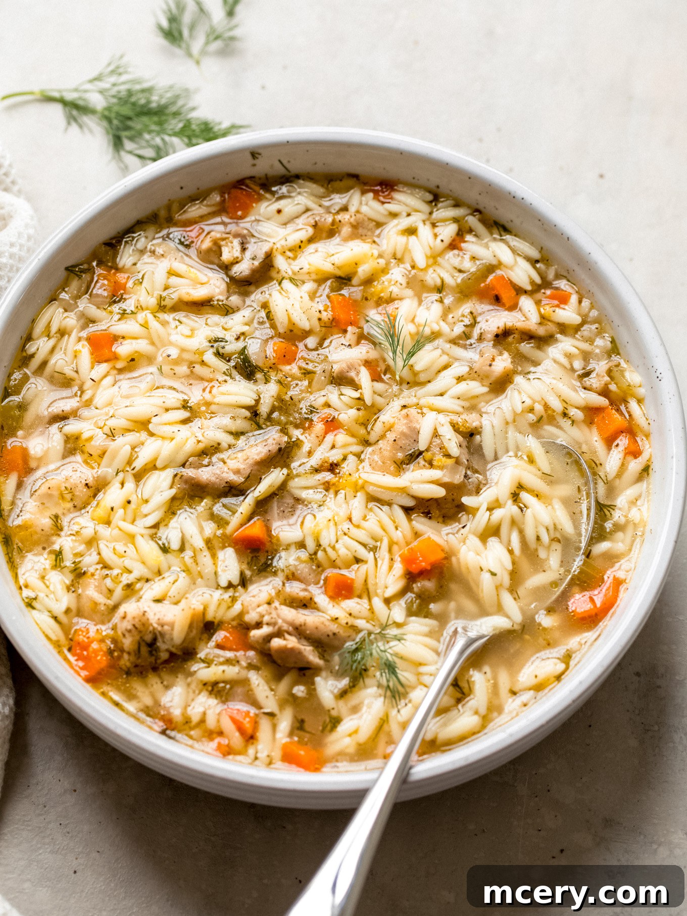 Hearty Chicken Orzo Soup 8 side view of chicken orzo soup in a soup bowl with a spoon.