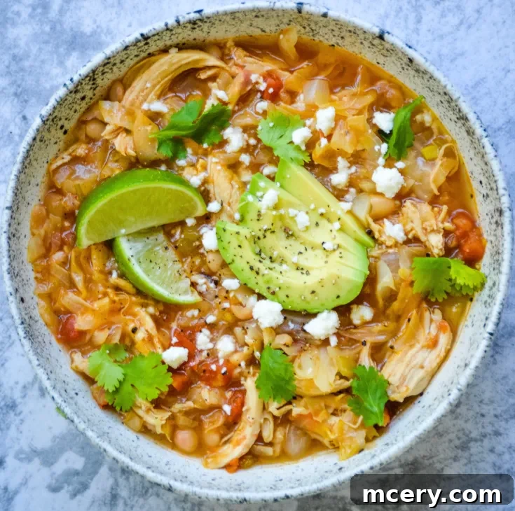 Prepared Cabbage Soup with White Beans and Chicken in a bowl with a spoon.
