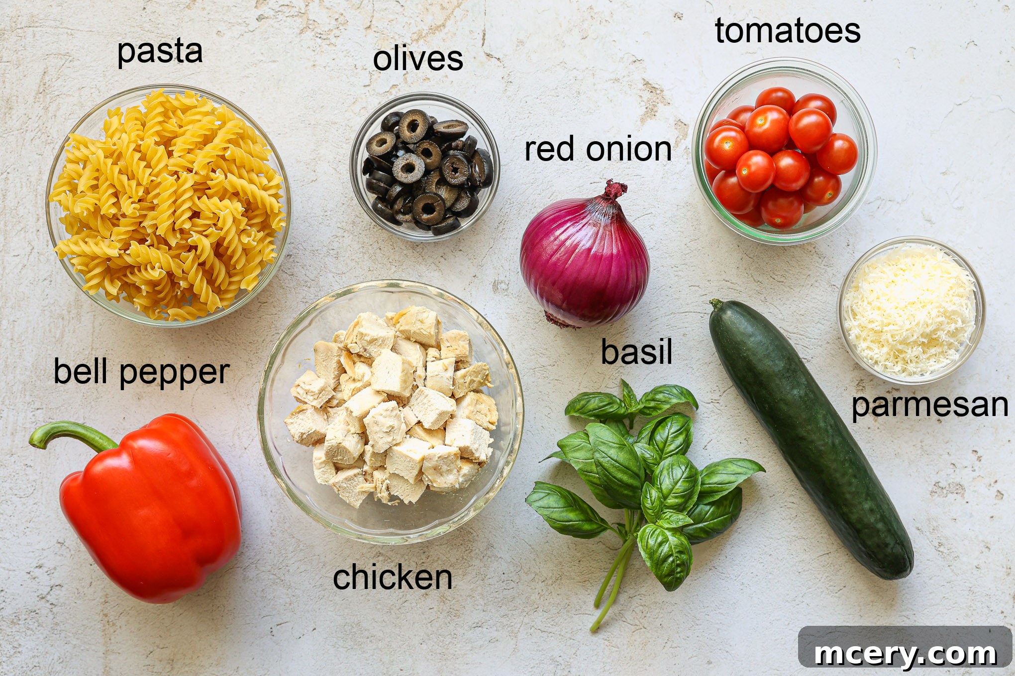 Flavorful Chicken Pasta Salad 3 salad ingredients for pasta salad with chicken.