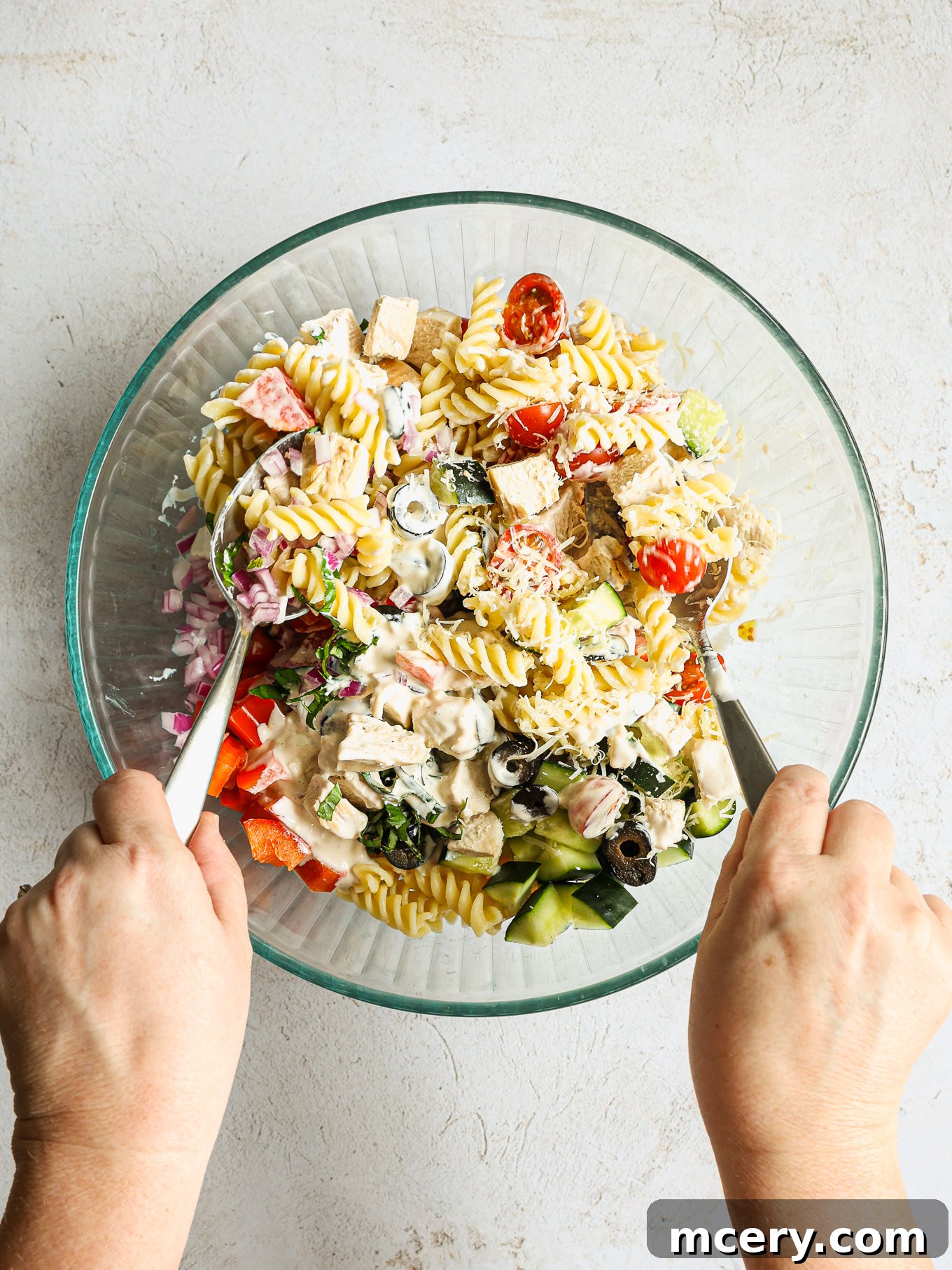 Flavorful Chicken Pasta Salad 8 pasta salad tossed with dressing.