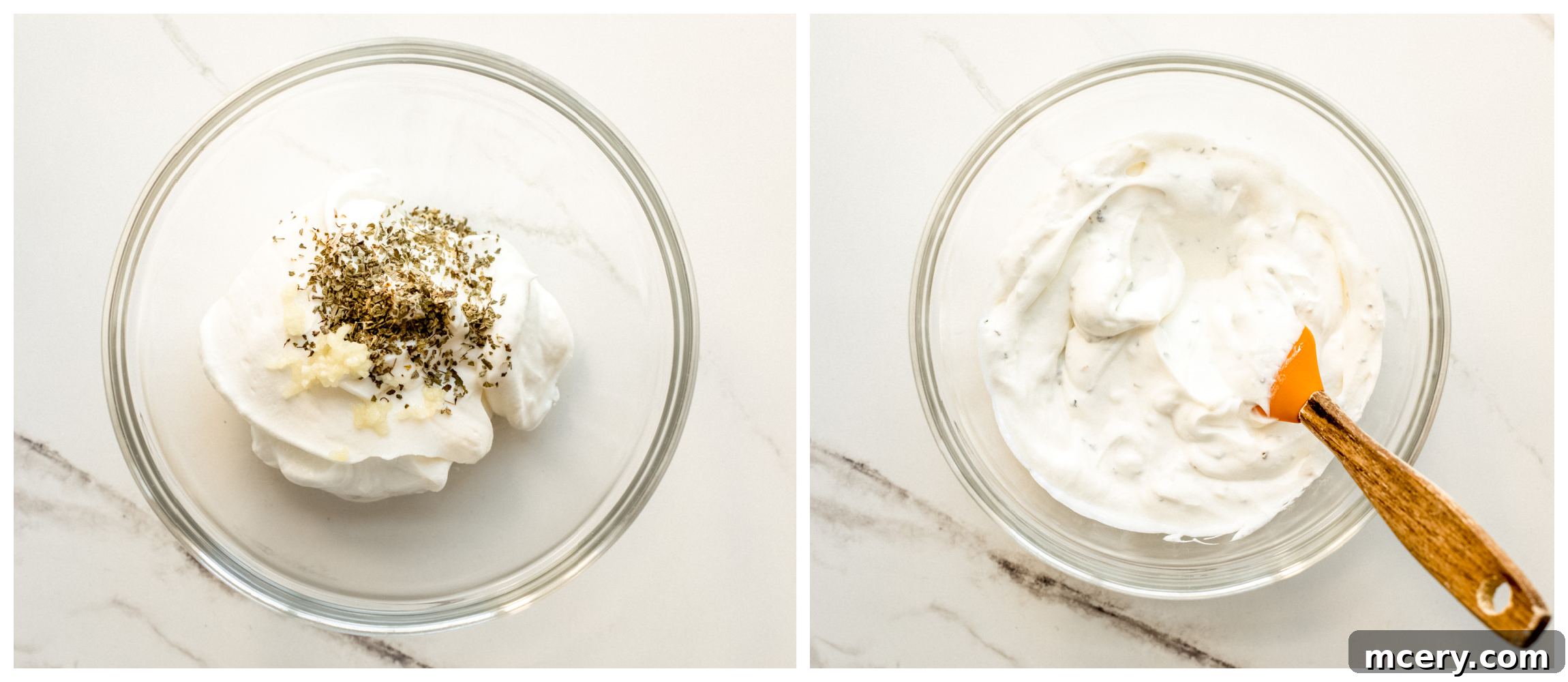 Stacked Hummus Delight 5 Greek yogurt seasoned with garlic and oregano in a mixing bowl