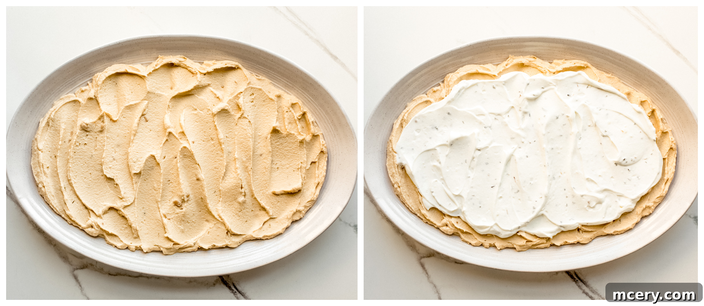 Stacked Hummus Delight 6 Hummus and Greek yogurt layered on a serving platter