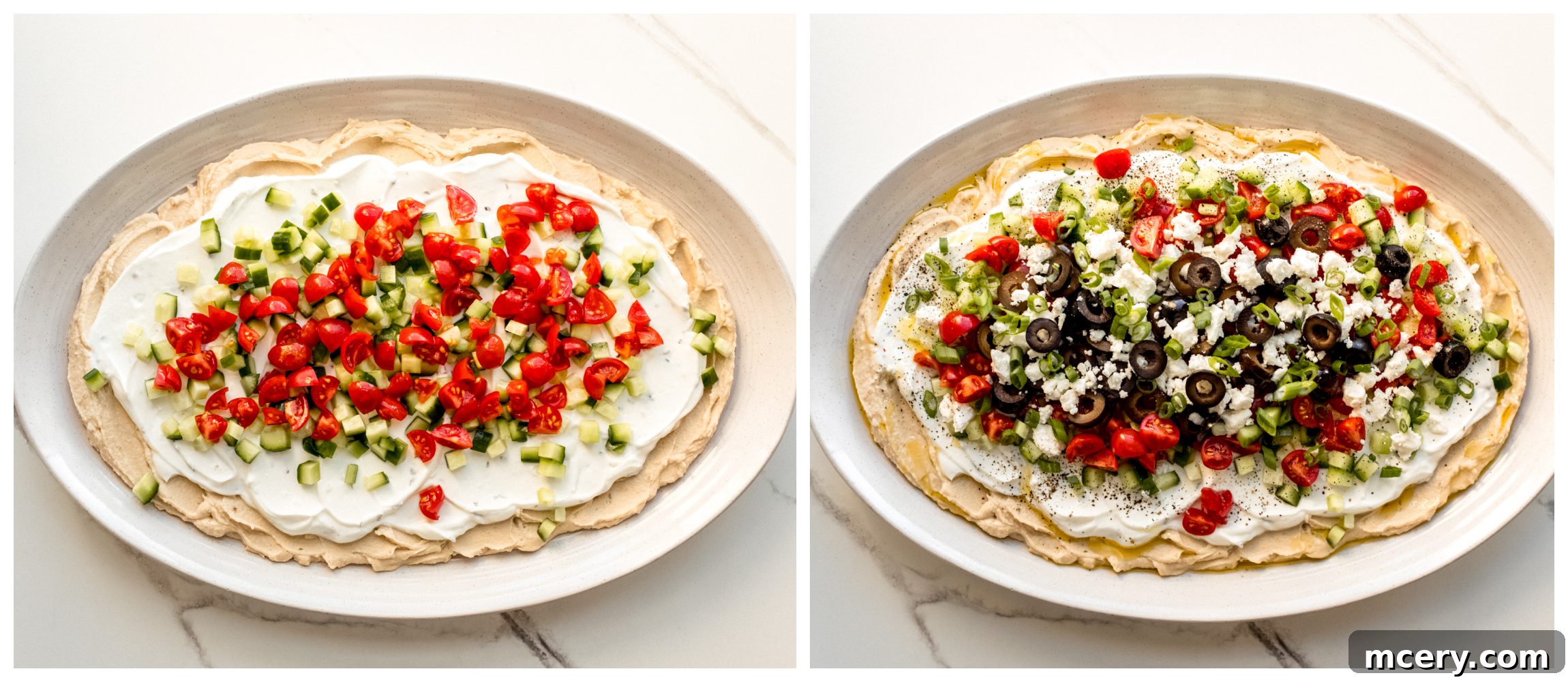 Stacked Hummus Delight 7 Hummus with Greek yogurt and fresh chopped vegetables and feta cheese