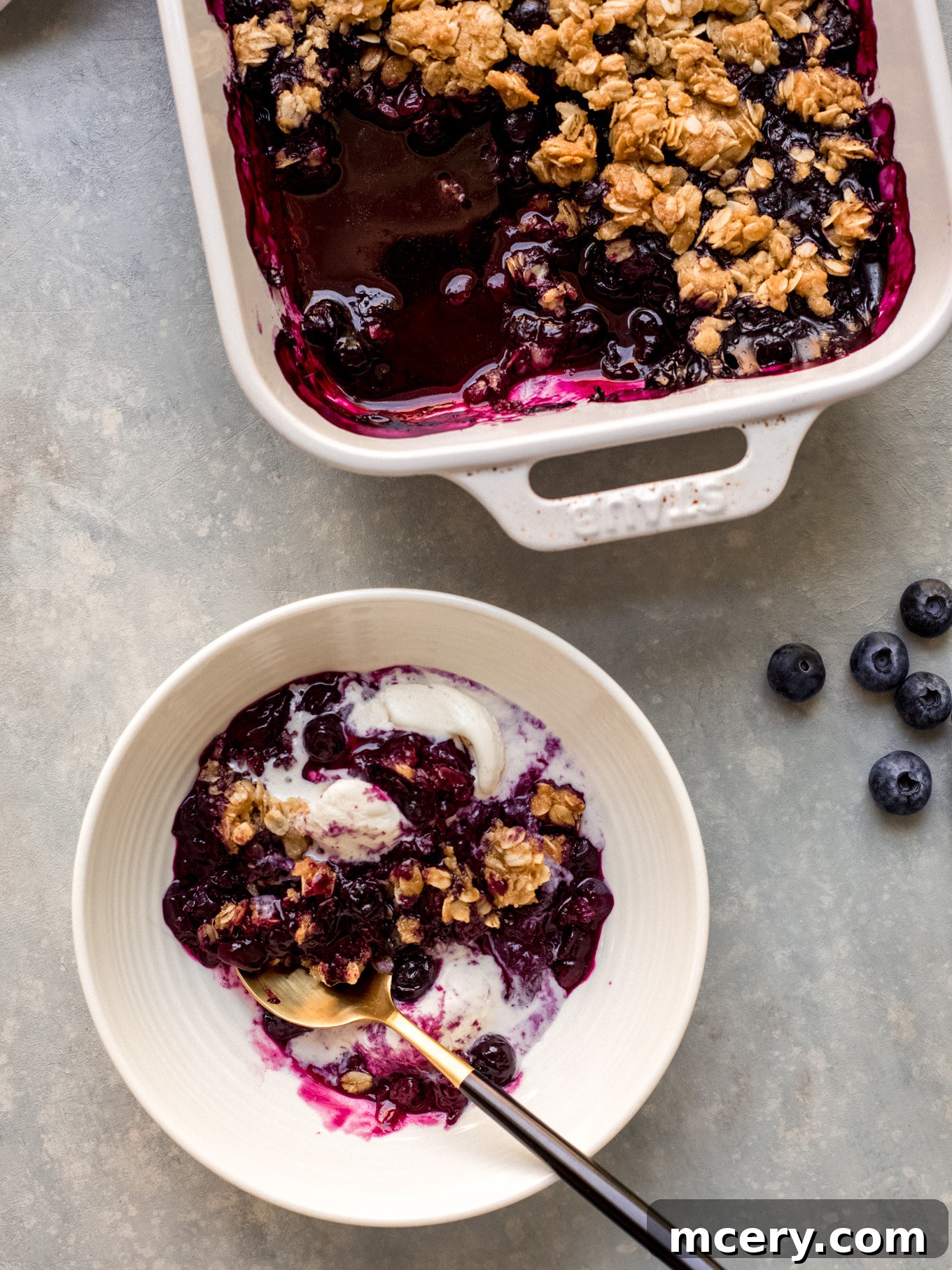 Golden Oat Topped Blueberry Crisp 10 Blueberry crisp recipe in a bowl topped with a generous scoop of vanilla ice cream.