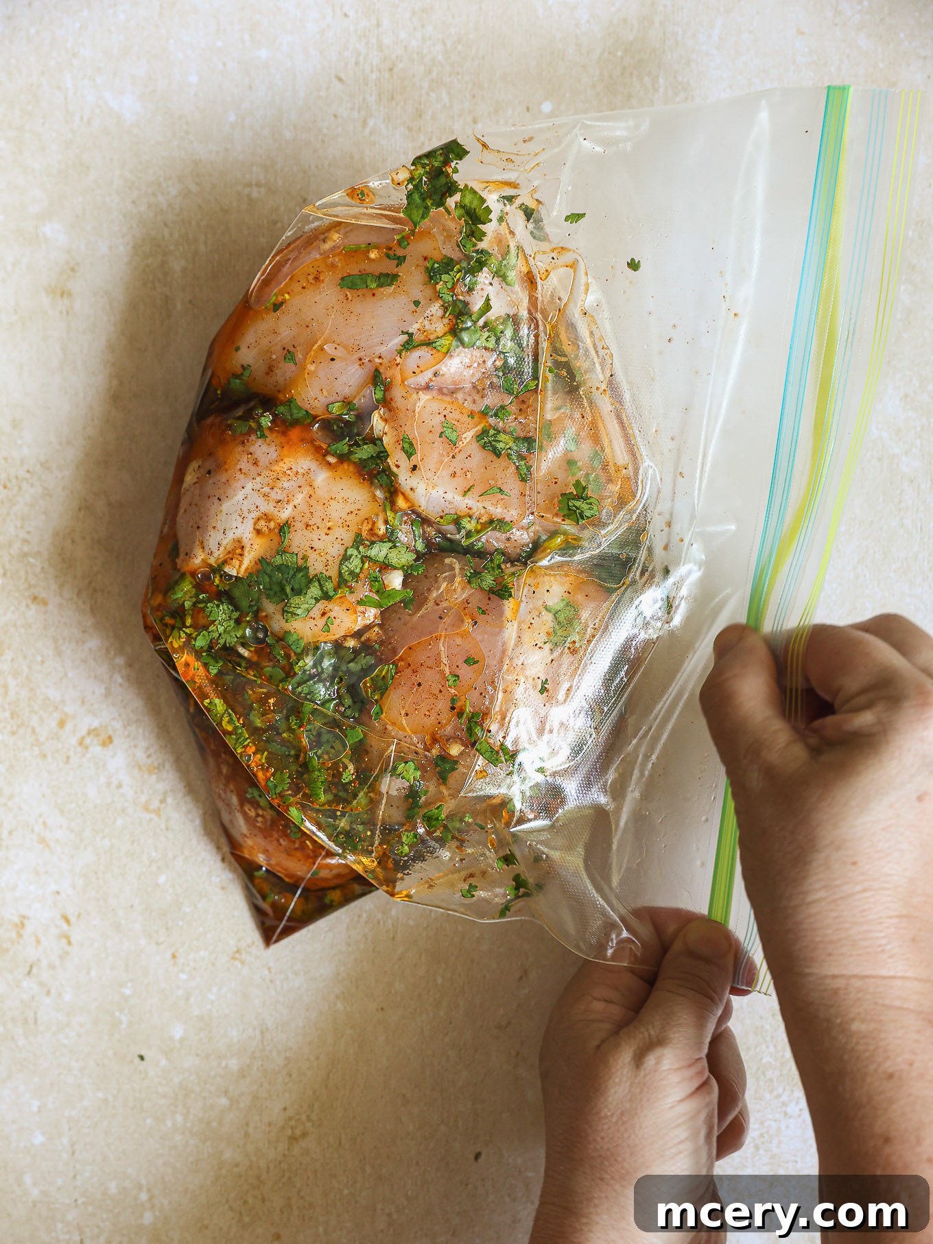 Vibrant Mexican Chicken Marinade 6 closed ziploc bag with raw chicken.