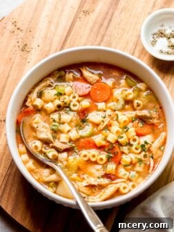 italian chicken noodle soup in white bowl