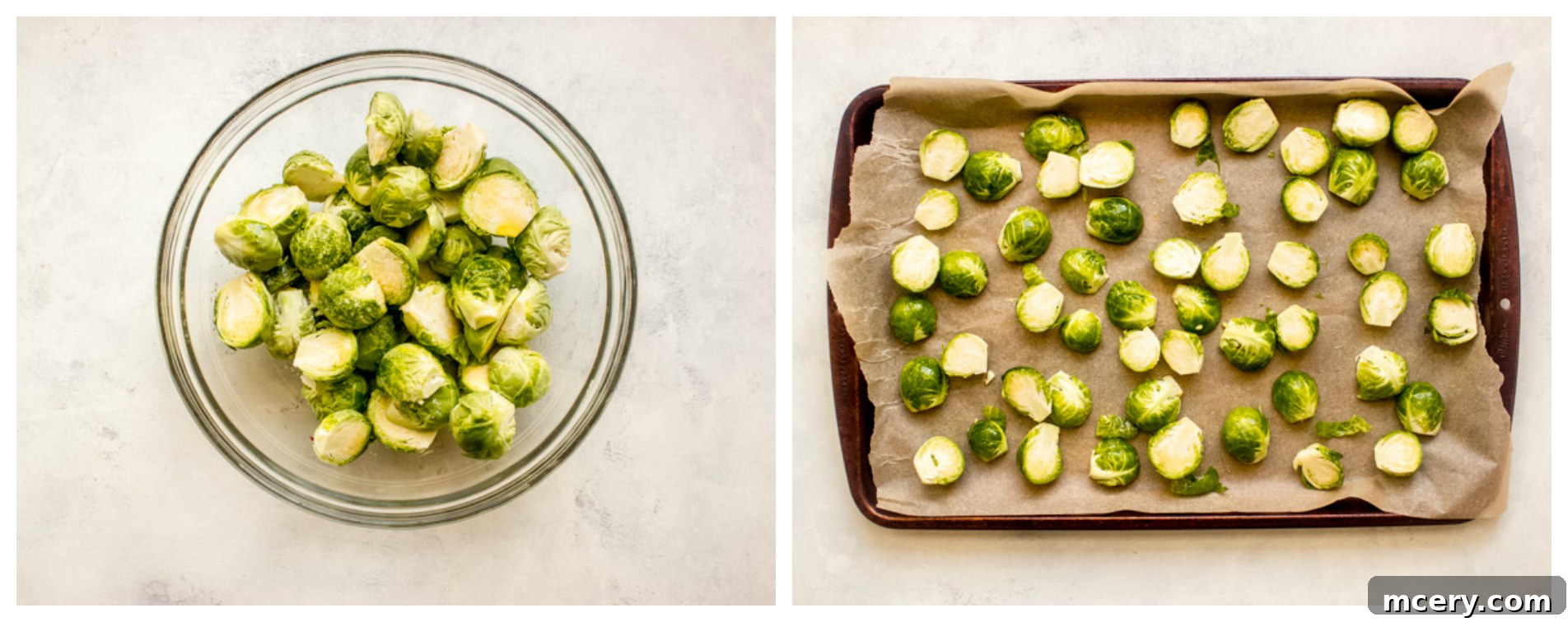 Crispy Prosciutto & Sweet Cranberry Roasted Brussels 5 brussel sprouts on a baking sheet