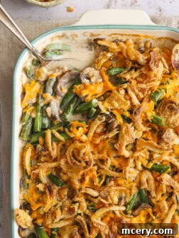 green bean casserole from scratch in white casserole dish.
