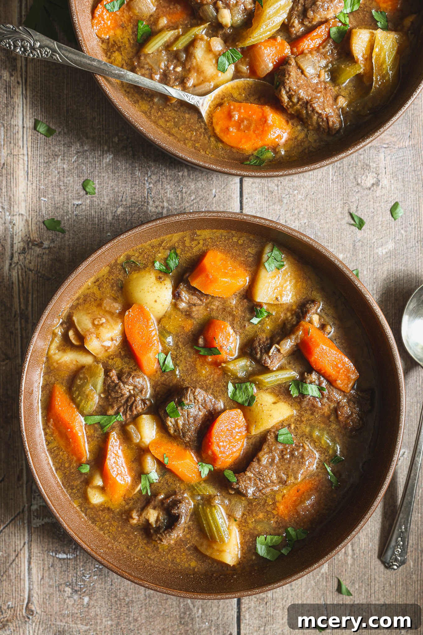 A beautifully presented bowl of rich Dutch oven beef stew, garnished with vibrant fresh parsley, ready to be served.