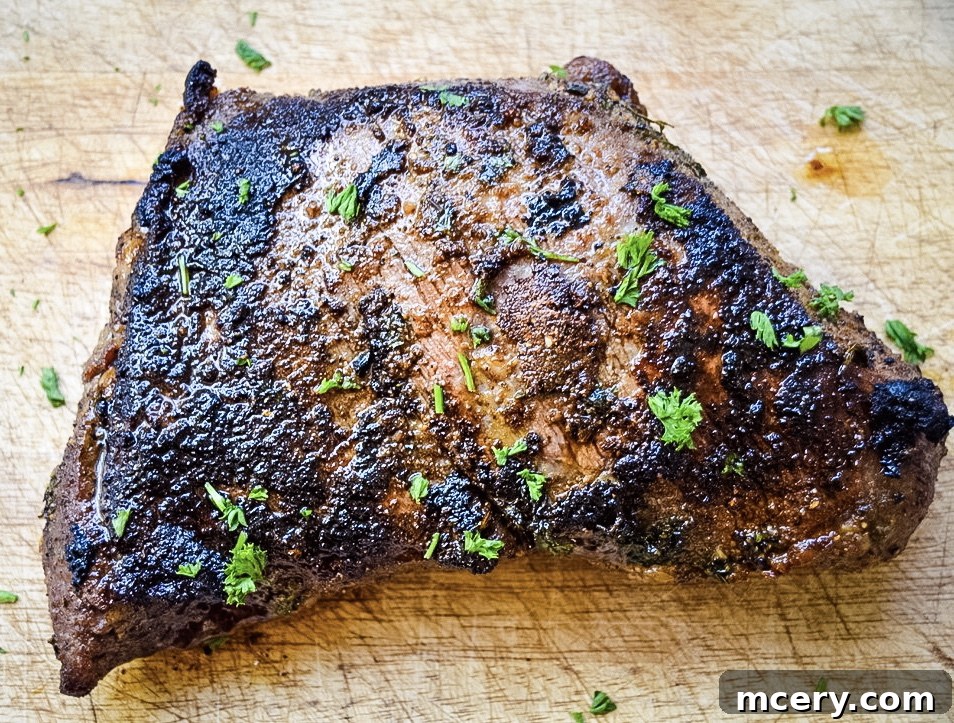 Raw Tri-Tip roast generously coated with a homemade spice rub, ready for marinating.