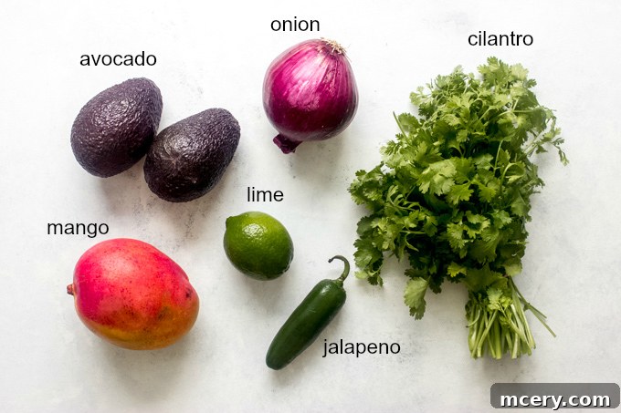 Tropical Mango Guacamole 3 Ingredients laid out for mango guacamole: avocados, mango, red onion, jalapeño, cilantro, lime, and salt