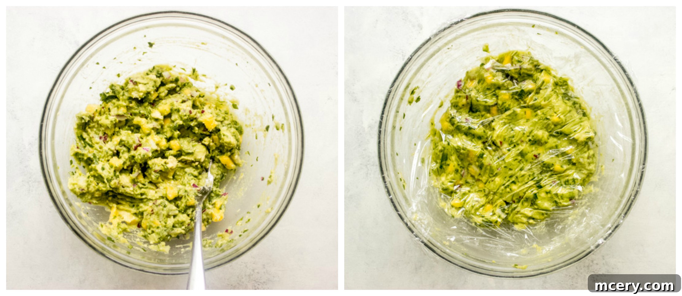 Tropical Mango Guacamole 5 Mixed mango and avocado in a bowl, with red onion, jalapeño, and cilantro