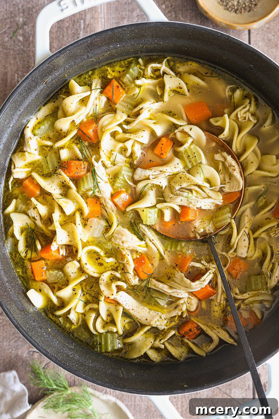 Cozy Homemade Chicken Noodle Soup 12 close up pot with chicken soup and a ladle.