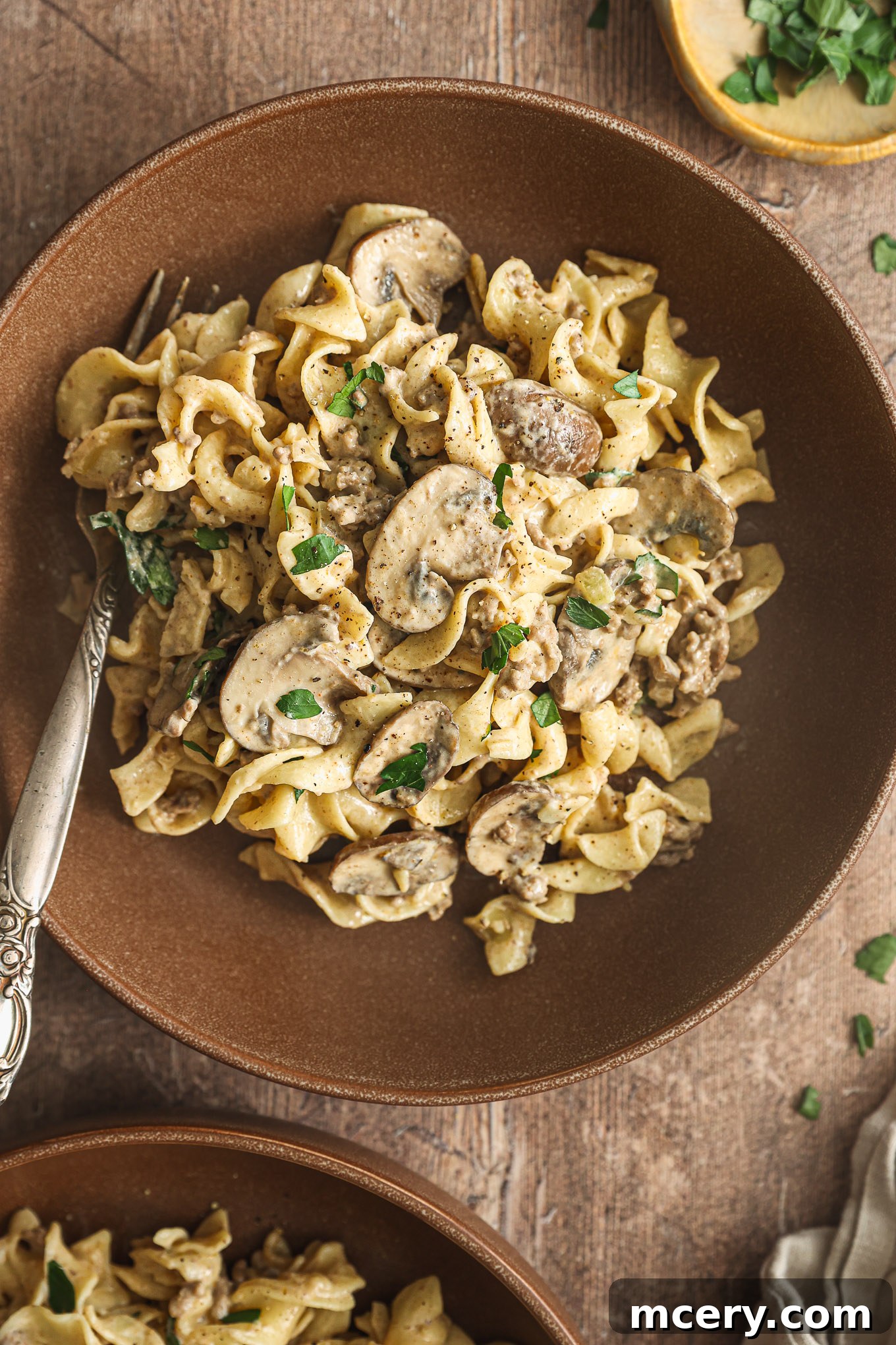 No-Fuss Beef Stroganoff 10 A bowl of creamy ground beef stroganoff served over egg noodles, garnished with fresh parsley.