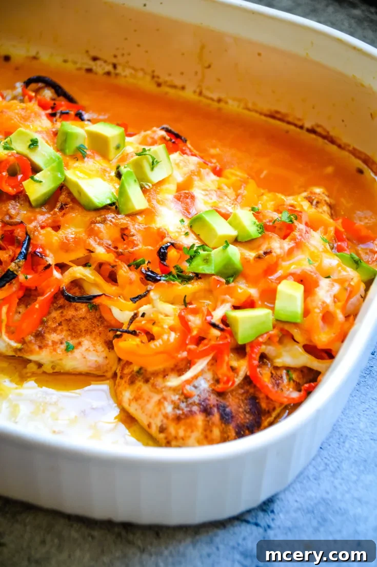 A side image of the finished chicken fajita casserole for Pinterest sharing.