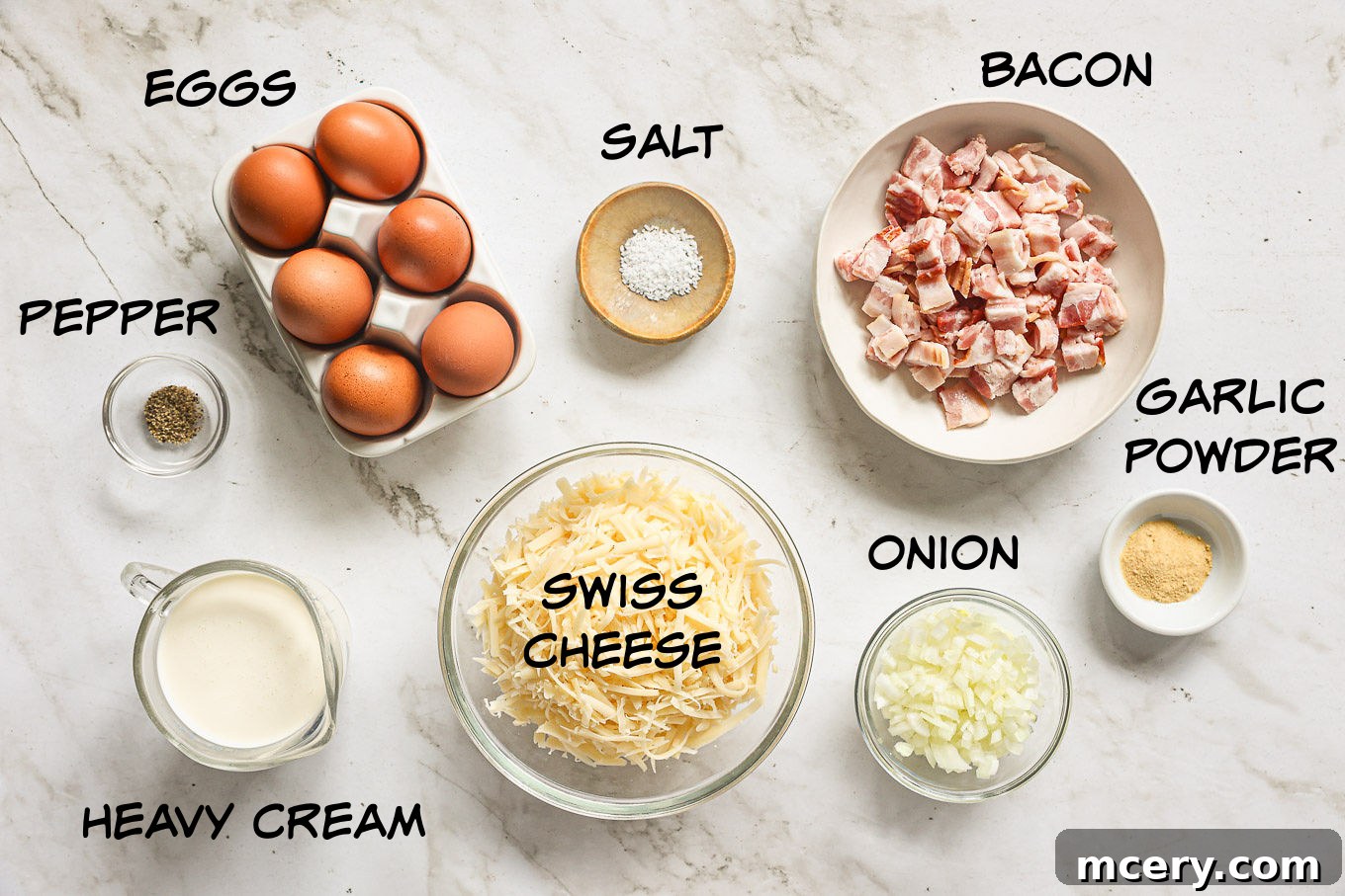 Efsane Hamursuz Kiş Tarifi 3 Ingredients for crustless quiche recipe laid out on a wooden board: bacon, onion, eggs, heavy cream, garlic powder, salt, pepper, and a block of Swiss cheese.