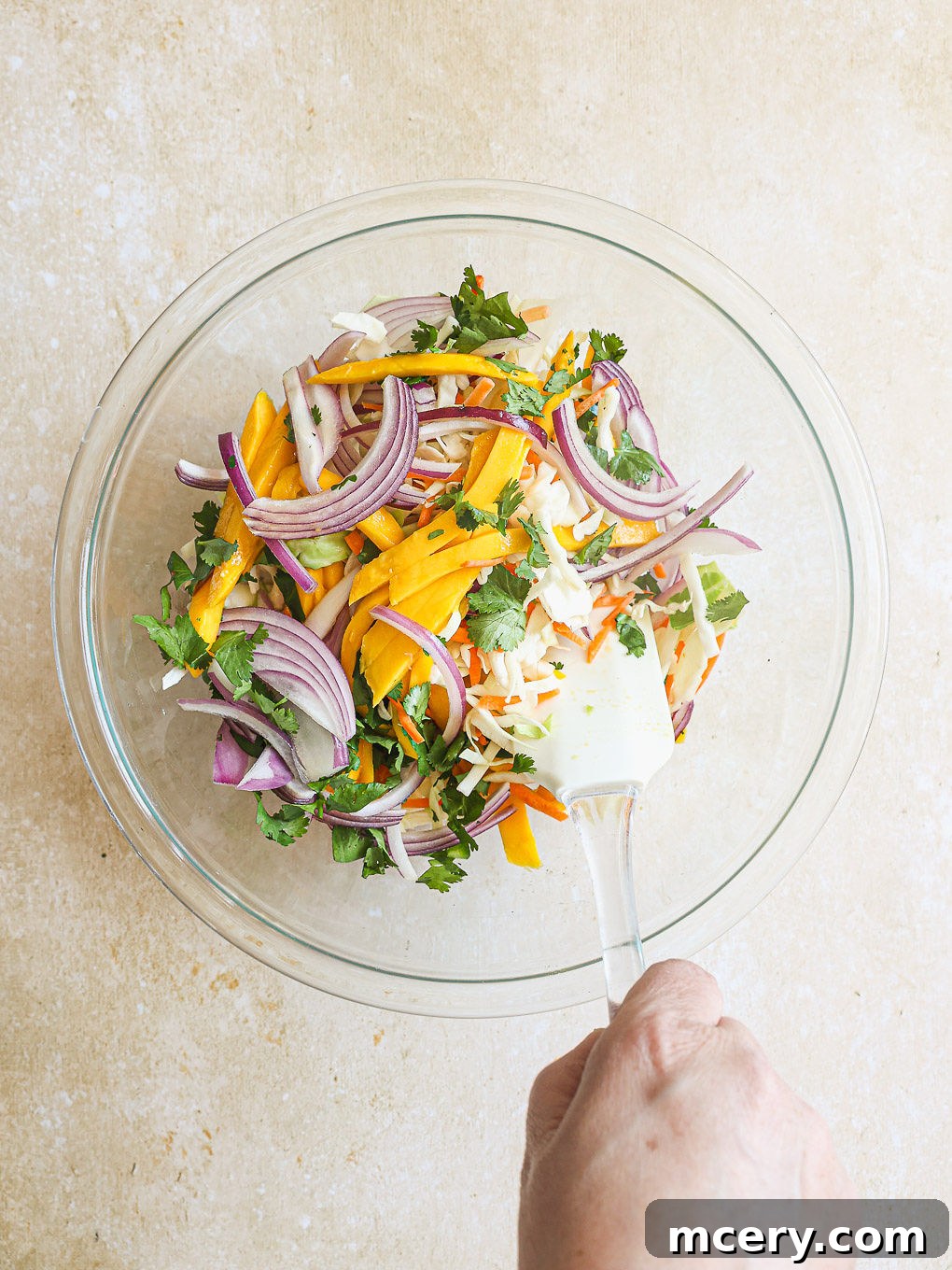 The Ultimate Homemade Fish Tacos 9 Coleslaw mix combined with mango, red onion, jalapeno, and cilantro in a large mixing bowl.