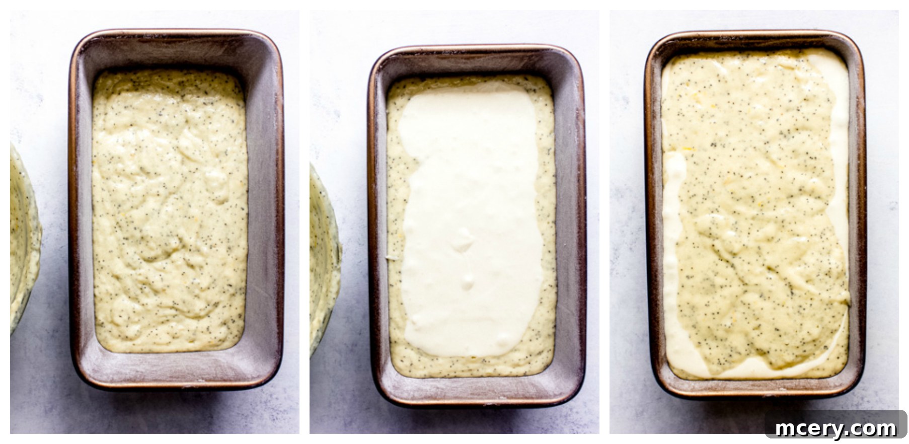 lemon poppy seed loaf cake batter in a pan