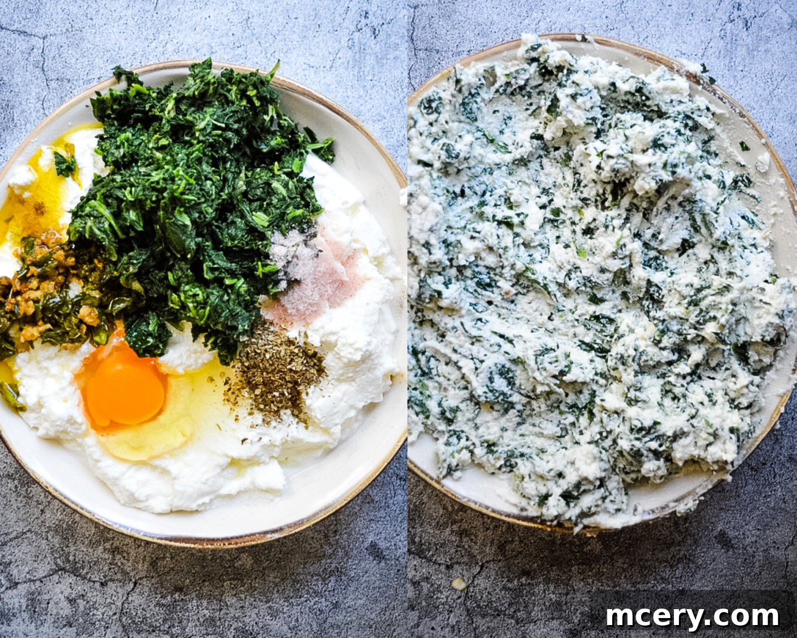 Close-up of the rich and creamy ricotta and spinach filling for lasagna, showing its delightful texture and flecks of herbs.