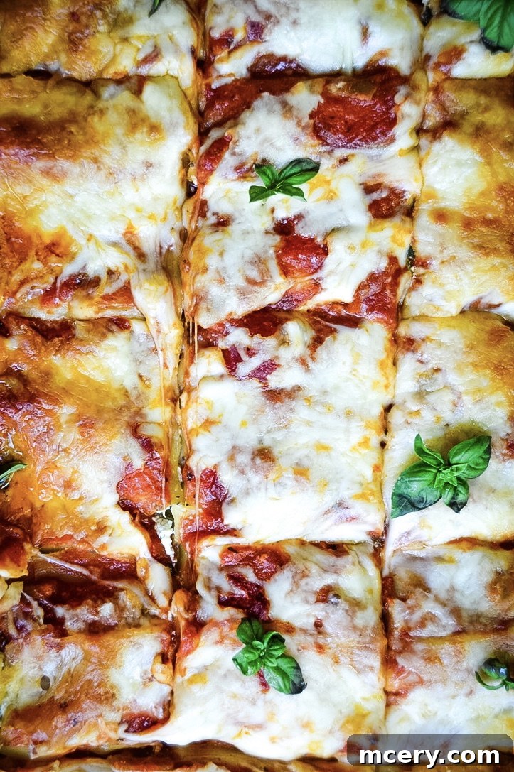 Effortless Spinach Lasagna 6 Close-up of a freshly baked Easy Spinach Lasagna into squares. The lasagna is topped with melted cheese, and garnished with fresh basil leaves. The edges are golden-brown and the bubbly, slightly browned cheese are visible, adding a delicious and appetizing look.