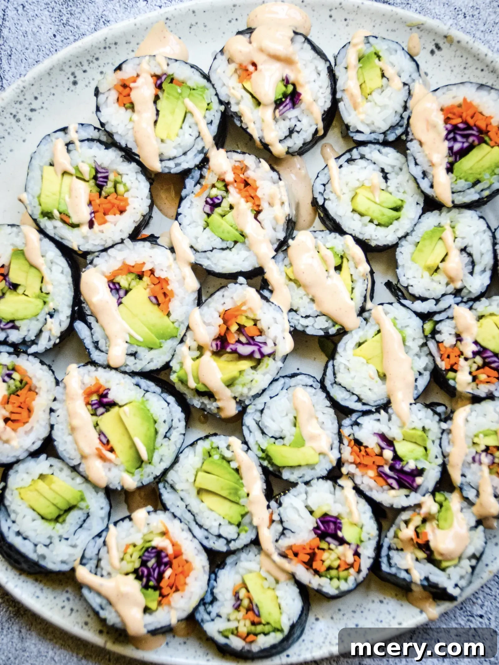 Rainbow Veggie Sushi Rolls with Sriracha Mayo