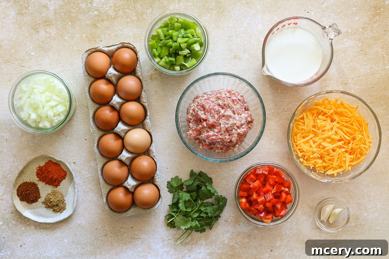 Overnight Southwest Fiesta Bake 3 ingredients for breakfast casserole laid out on a table.