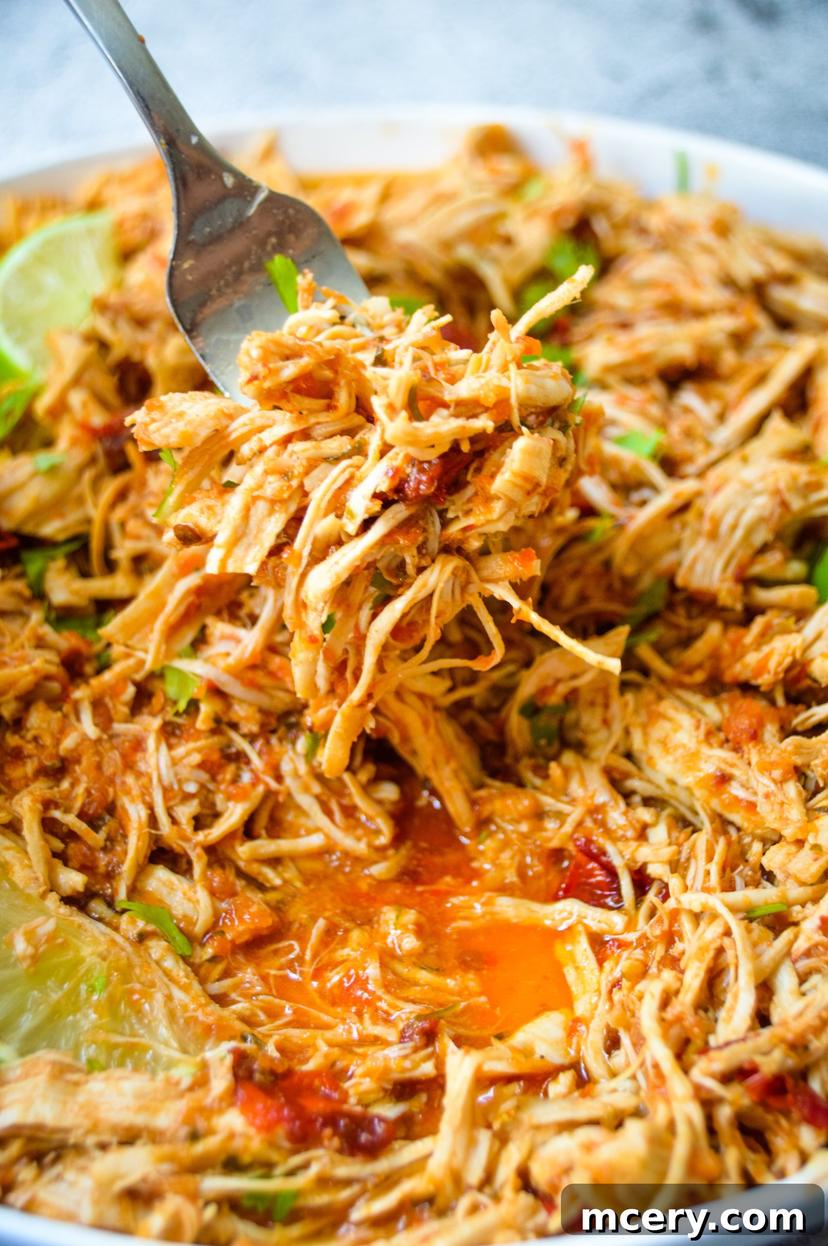 Speedy Instant Pot Mexican Pulled Chicken 2 A vibrant close-up of tender, shredded Mexican chicken mixed with a rich, reddish sauce and fresh cilantro, served in a bowl, ready to be enjoyed.