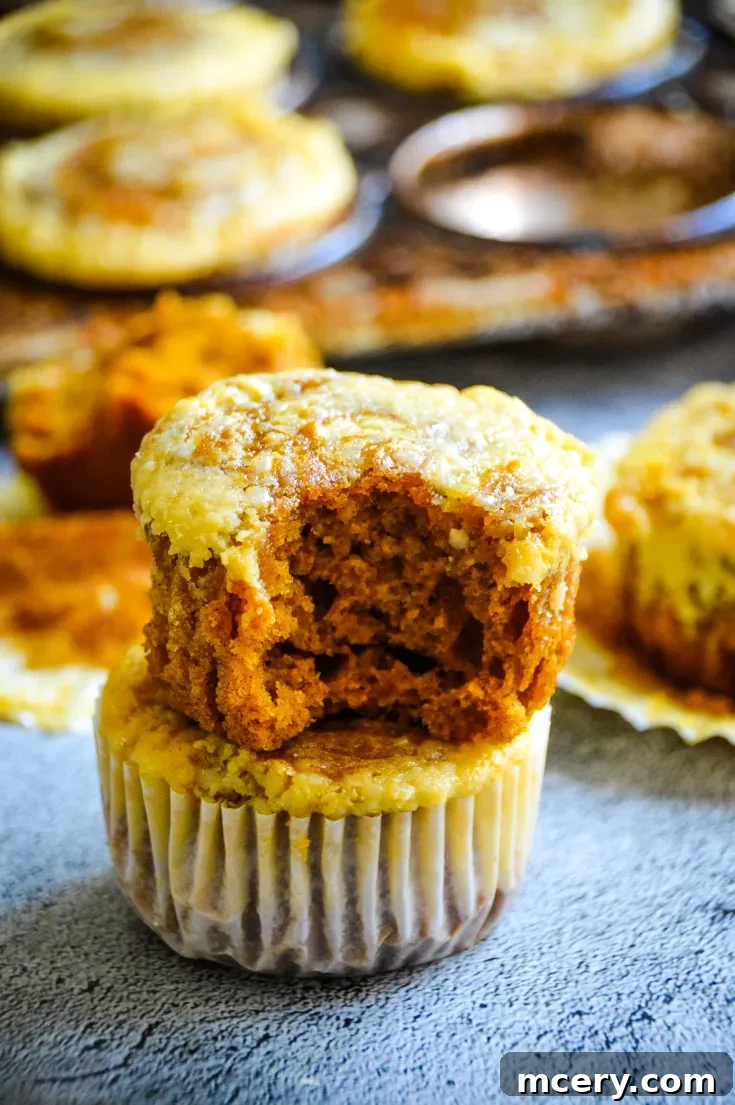 Two stacked Pumpkin Cream Cheese Swirl Muffins are in focus, with the top muffin having a bite taken out of it. The muffins have a golden-brown exterior with a moist, darker interior. More muffins and an empty muffin tin are visible in the blurred background.