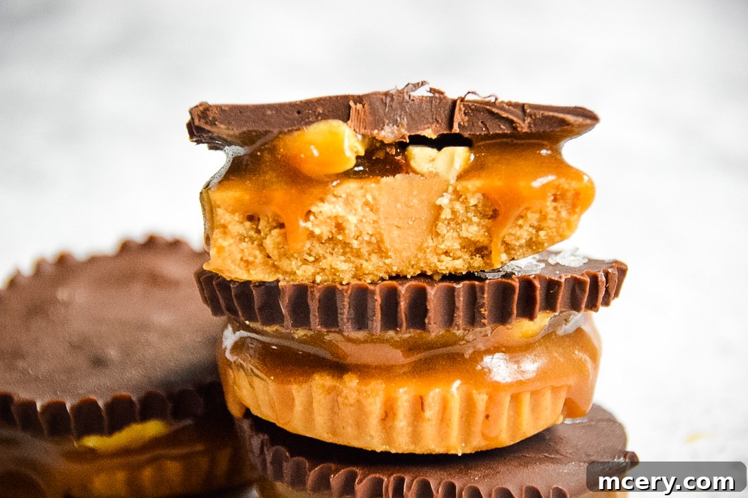 Irresistible Vegan Peanut Butter Caramel Cups 5 Finished Vegan Peanut Butter Caramel Cups, beautifully arranged and ready to be served.