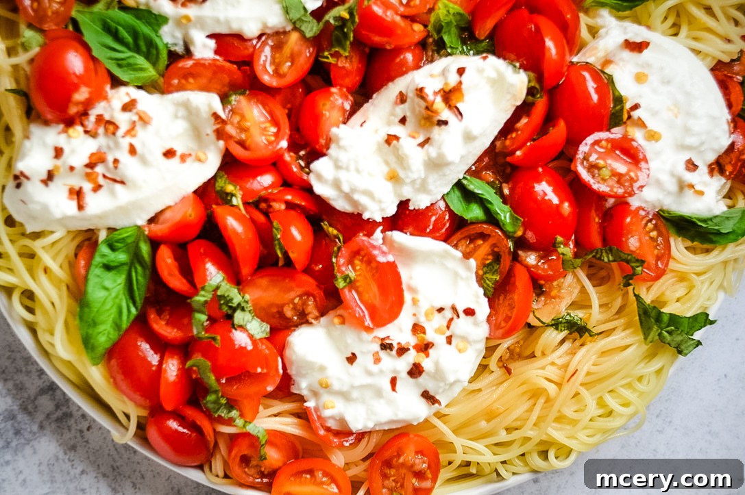 Bruschetta Pasta with Burrata A close-up of Bruschetta Pasta with Burrata, highlighting the texture of the pasta mixed with the tomato bruschetta, garnished with fresh basil leaves and dollops of burrata cheese.