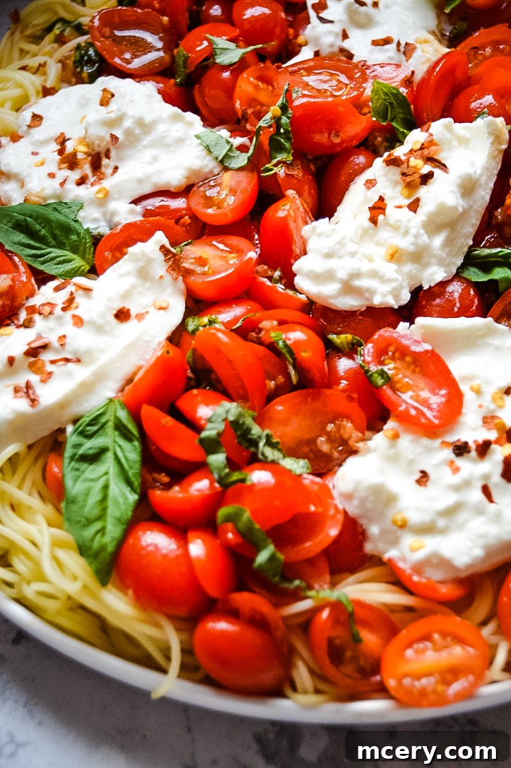 Creamy Burrata Bruschetta Pasta 2 Bruschetta Pasta, a colorful and fresh dish featuring pasta mixed with vibrant tomato bruschetta, basil, and a drizzle of olive oil, ready for a meal.