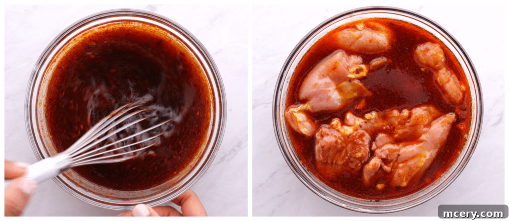 Effortless Orange Chicken 4 chicken in orange marinade, showing raw chicken thighs soaking in the bright citrus marinade
