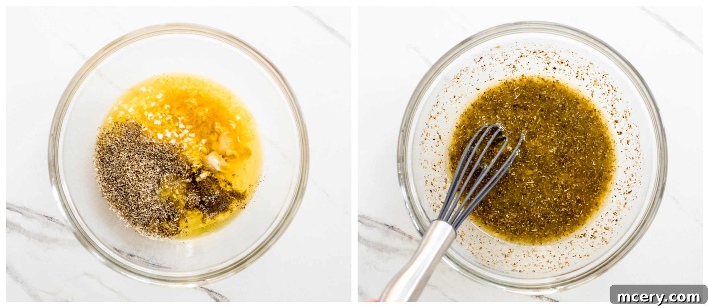 Smoky Grilled Chicken Drumsticks 4 Two side-by-side glass bowl photos. One shows separate marinade ingredients like lemon, oil, and herbs, while the second shows all ingredients whisked together into a smooth, yellow marinade.
