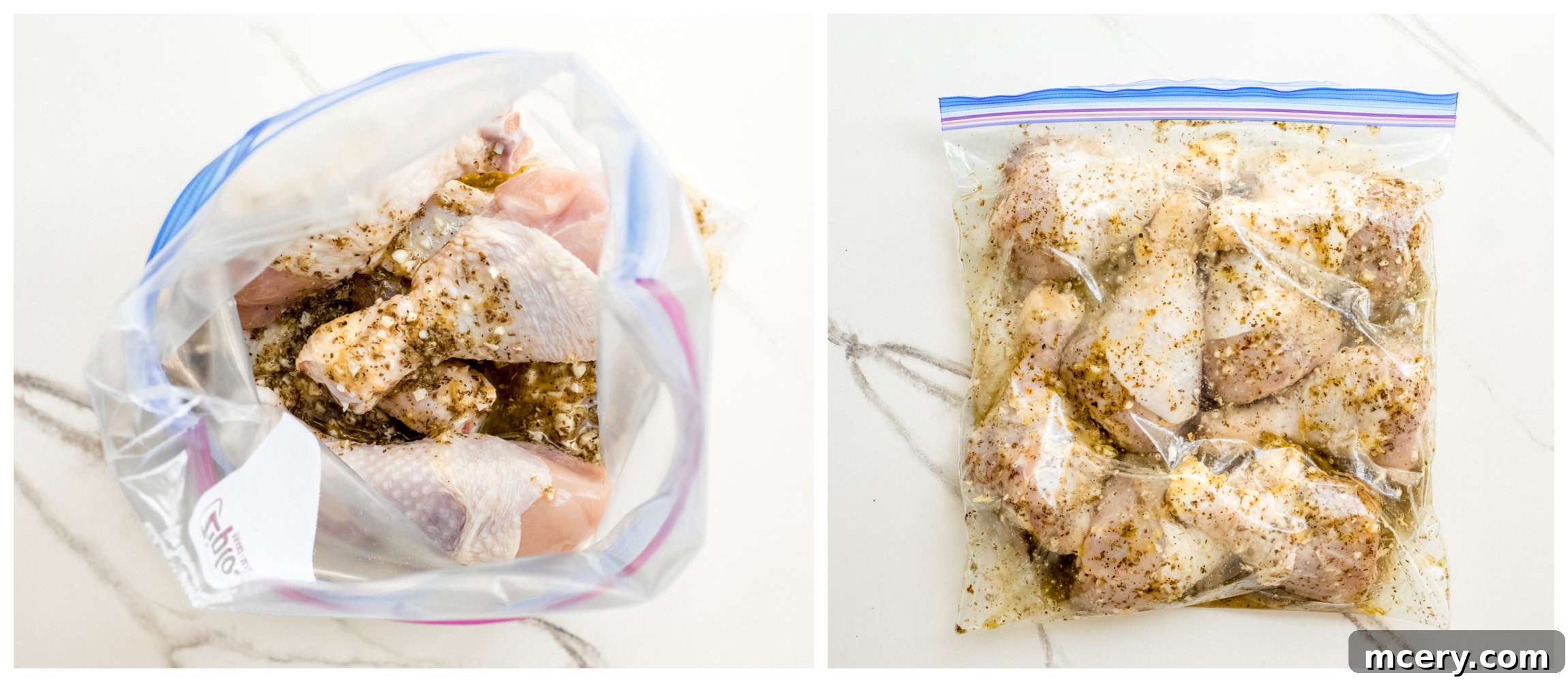 Smoky Grilled Chicken Drumsticks 5 Two photos side-by-side. One shows raw chicken legs placed in a large Ziploc bag, and the second shows the chicken legs completely coated in the prepared marinade within the sealed bag.