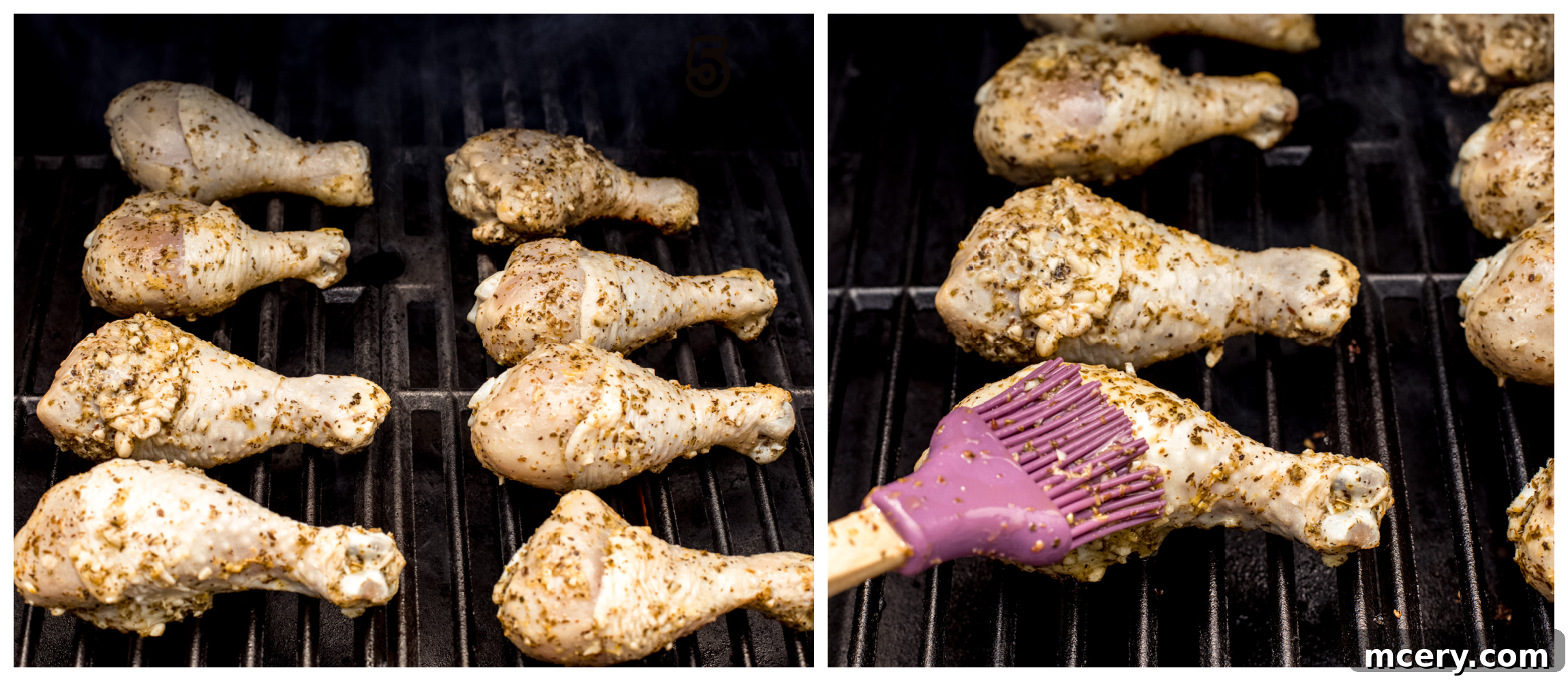 Smoky Grilled Chicken Drumsticks 6 Two photos side-by-side. One shows chicken legs arranged on hot grill grates, and the second captures a hand brushing more marinade onto the grilling chicken.