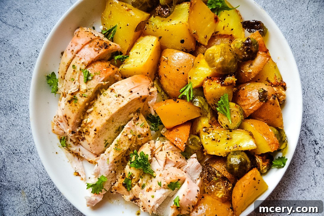 Effortless Sheet Pan Chicken and Potatoes 3 A close-up of a rustic sheet pan filled with golden-brown roasted chicken and perfectly cooked potatoes, still hot from the oven. The chicken skin is visibly crisp, and the potatoes show a tender, flavorful texture. Fresh sprigs of rosemary and other herbs are scattered over the dish, enhancing its appetizing aroma and presentation.