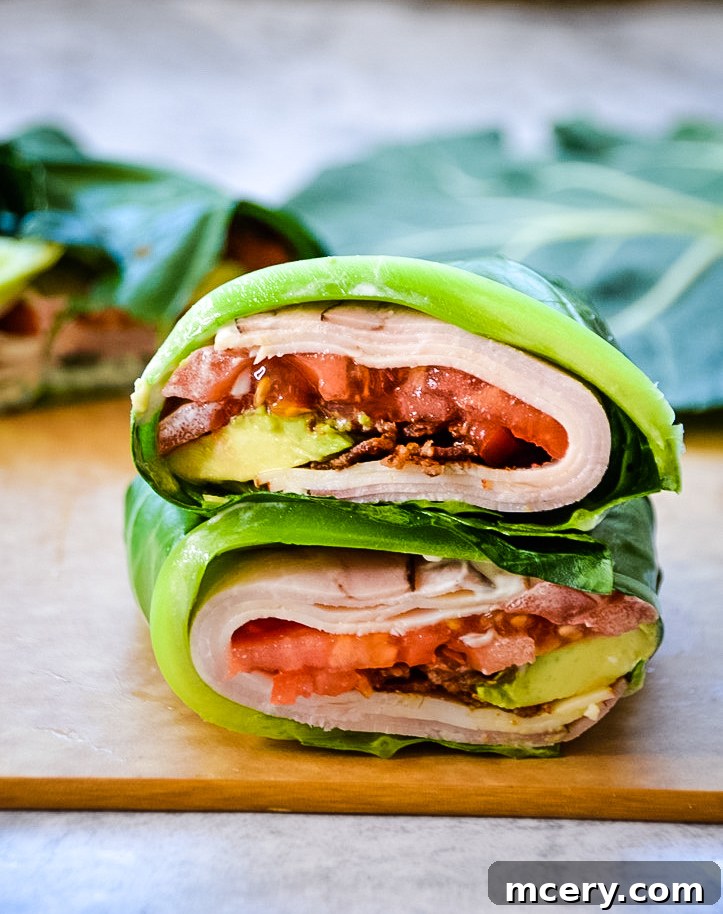 A beautifully plated California Collard Sub, ready to be enjoyed, emphasizing its fresh ingredients and healthy appeal.