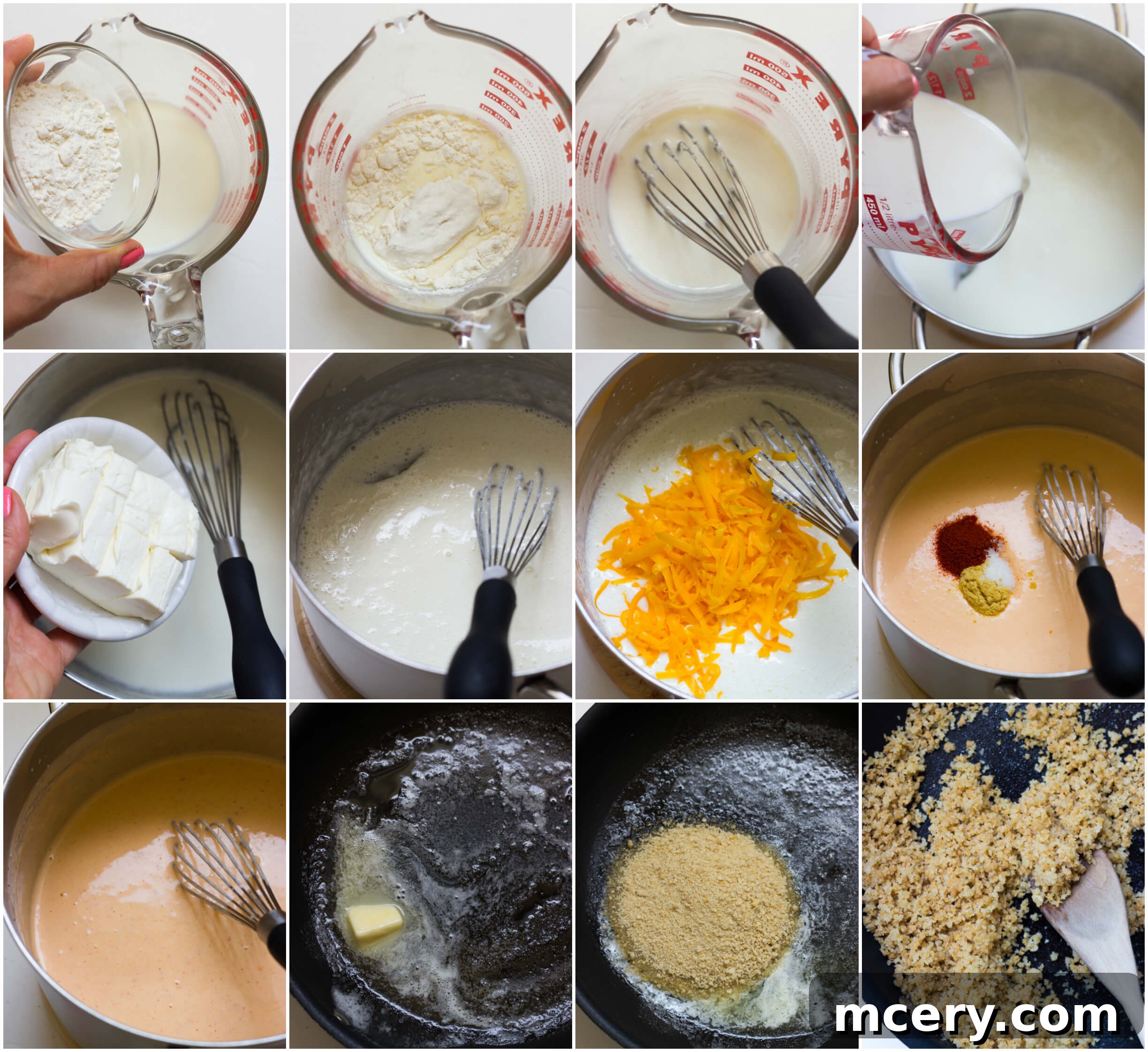 Step-by-step images showing how to make the cauliflower and spinach casserole, including making the cheese sauce and assembling.
