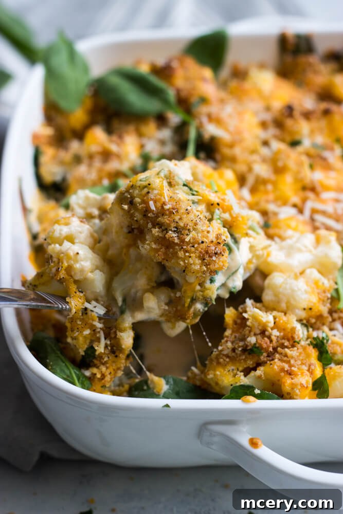 Golden-brown cauliflower casserole bubbling in a baking dish, fresh out of the oven.