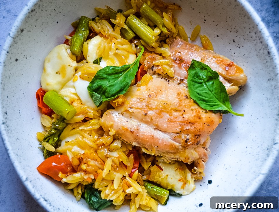 One-Pan Caprese Chicken Orzo Delight 4 Caprese Chicken and Orzo Skillet, ready to serve with basil garnish