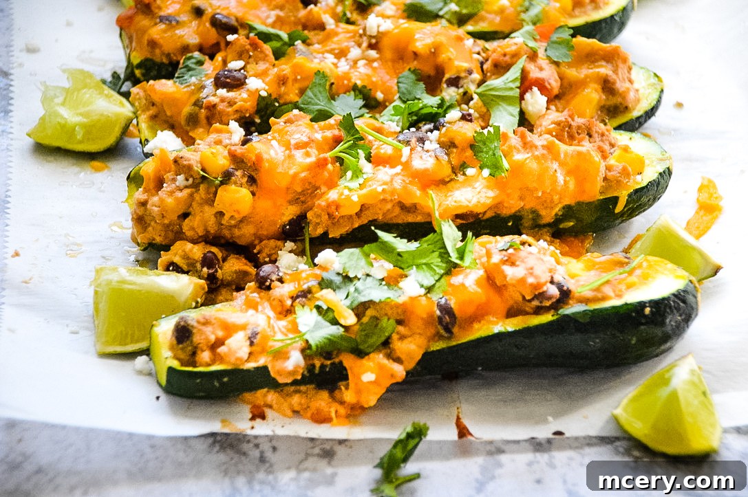 Cheesy Fiesta Zucchini Boats 5 A close-up of a single Cheesy Southwest Zucchini Boat, perfectly baked with golden-brown melted cheese, vibrant filling, and fresh cilantro, served alongside a lime wedge.